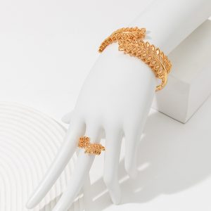 2pcs Gold Wheat Leaf Bracelet & Ring Set – Vintage Women’s Jewelry