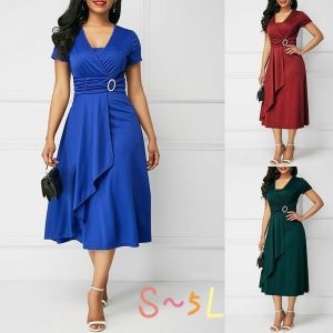 Sexy Asymmetrical V-Neck High-Waist Midi Dress