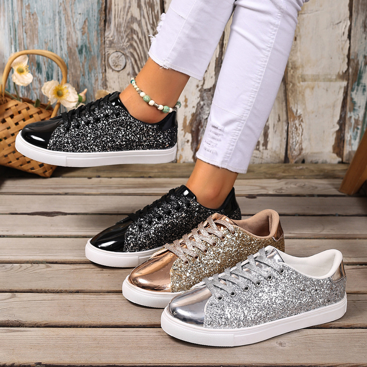 Plus-Size Sequined Lace-Up Board Shoes