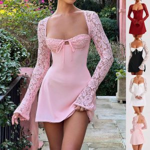 Y2K Lace Long Sleeve Corset Backless Mini Dress