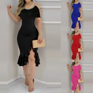 Women’s Ruffled Slit Dress with Pearl Detail